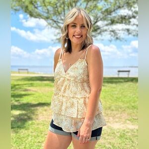 Women's Cream Floral Ruffle Tier Tank Top